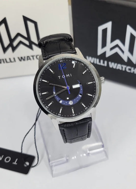 Tomi Elegant Black Leather & Silver Black Case Day-Date Men’s Watch TM-033