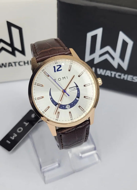 Tomi Premium Brown Leather Day-Date White Dial Watch TM-031