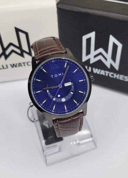 Tomi Premium Blue Dial Day-Date Brown Leather Watch TM-035