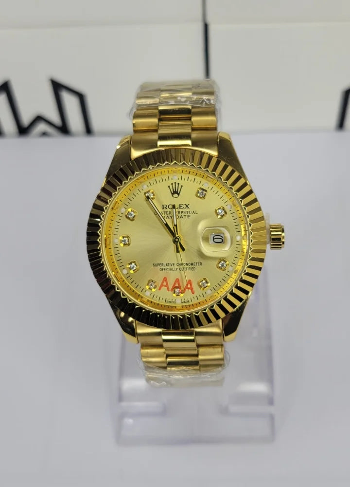 Gold Dial Classic Date Watch with Fluted Bezel R-034