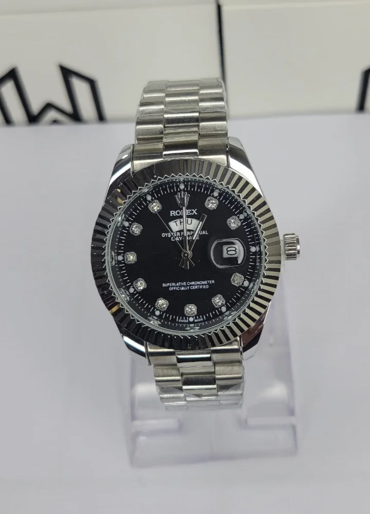 Luxury Black Dial Stainless Steel Date Watch R-039