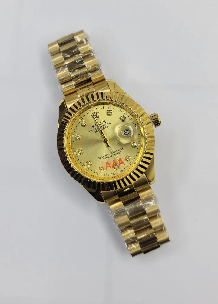 Gold Dial Classic Date Watch with Fluted Bezel R-034