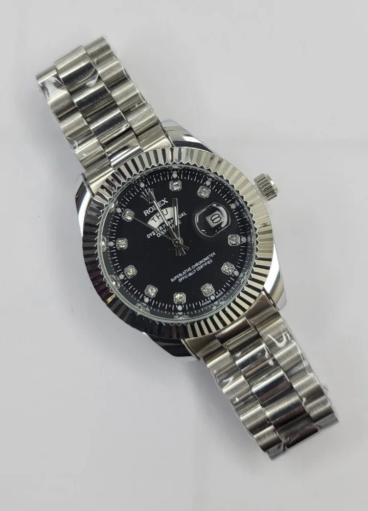 Luxury Black Dial Stainless Steel Date Watch R-039