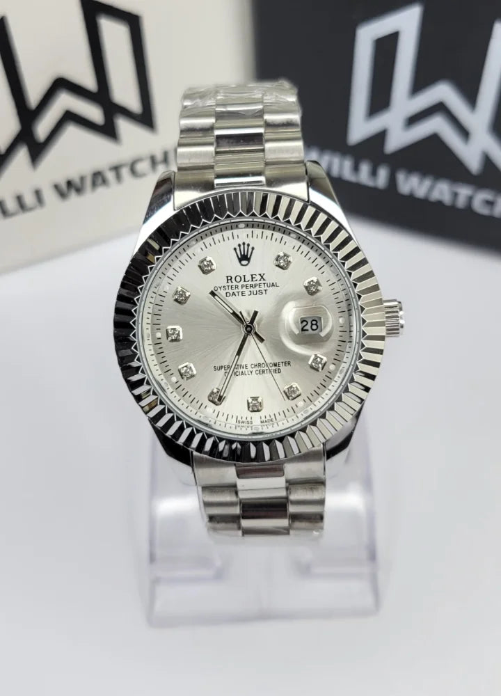 Silver Dial Classic Date Watch with Crystal Index R-035