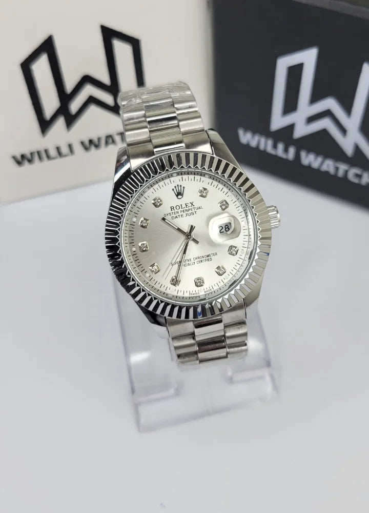 Silver Dial Classic Date Watch with Crystal Index R-035