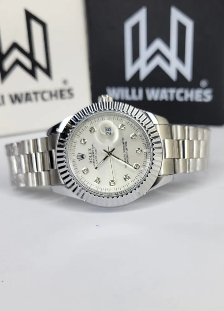 Silver Dial Classic Date Watch with Crystal Index R-035