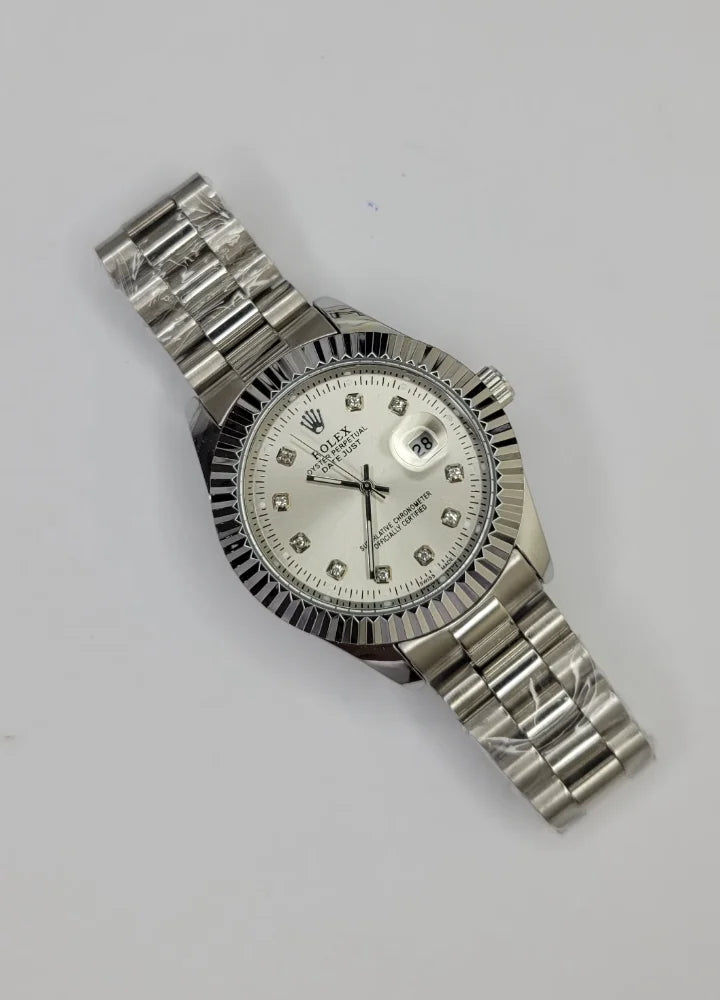 Silver Dial Classic Date Watch with Crystal Index R-035
