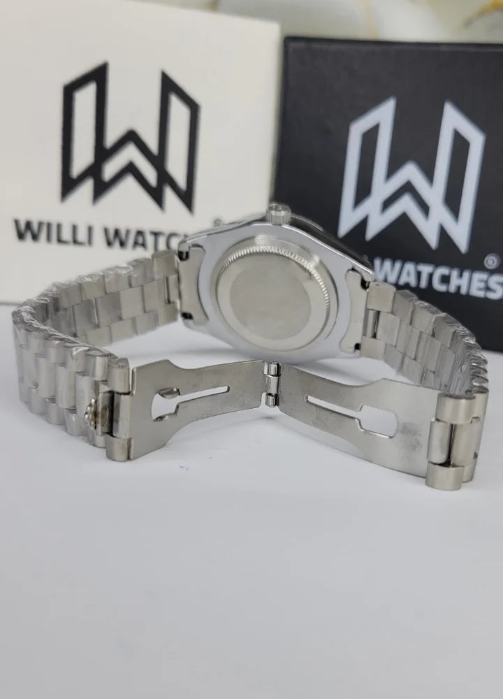 Silver Dial Classic Date Watch with Crystal Index R-035
