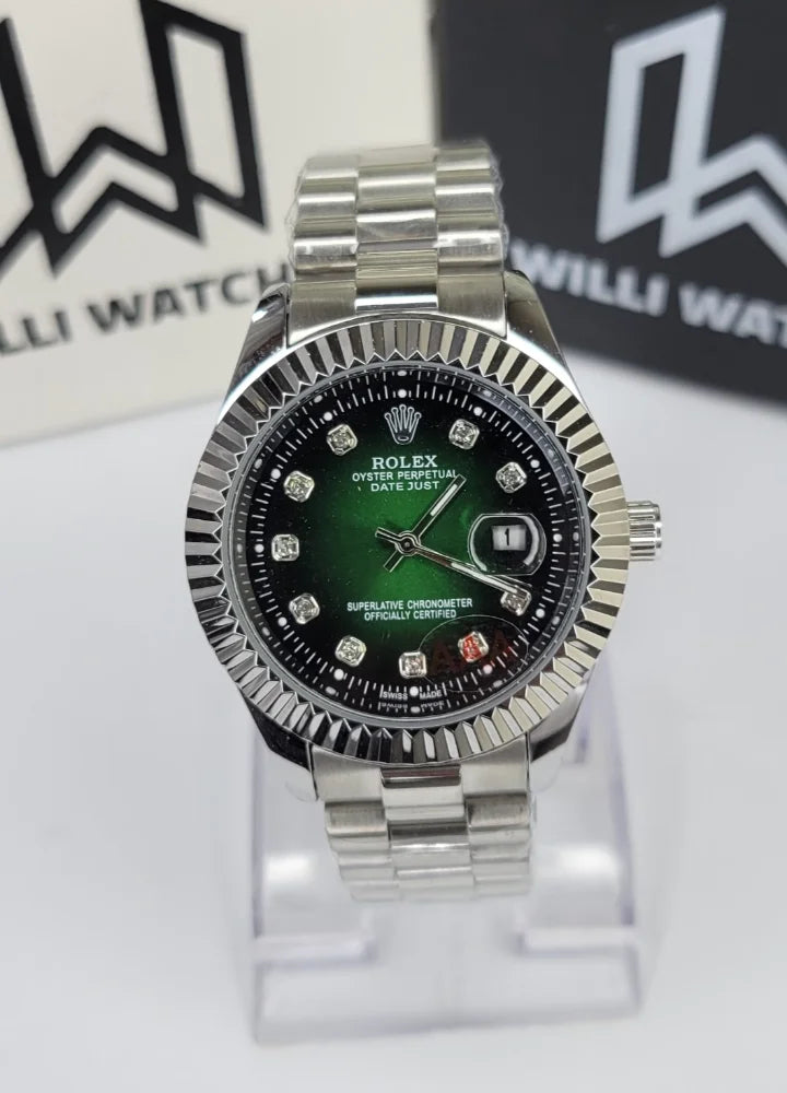 Green Dial Date Watch with Crystal Markers R-036
