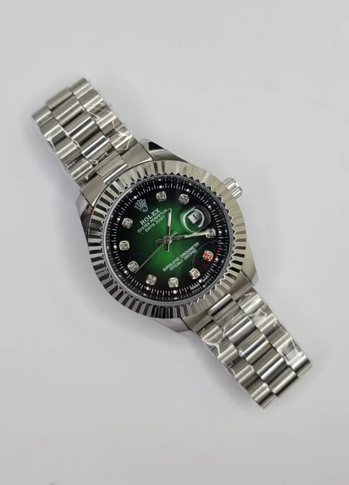 Green Dial Date Watch with Crystal Markers R-036