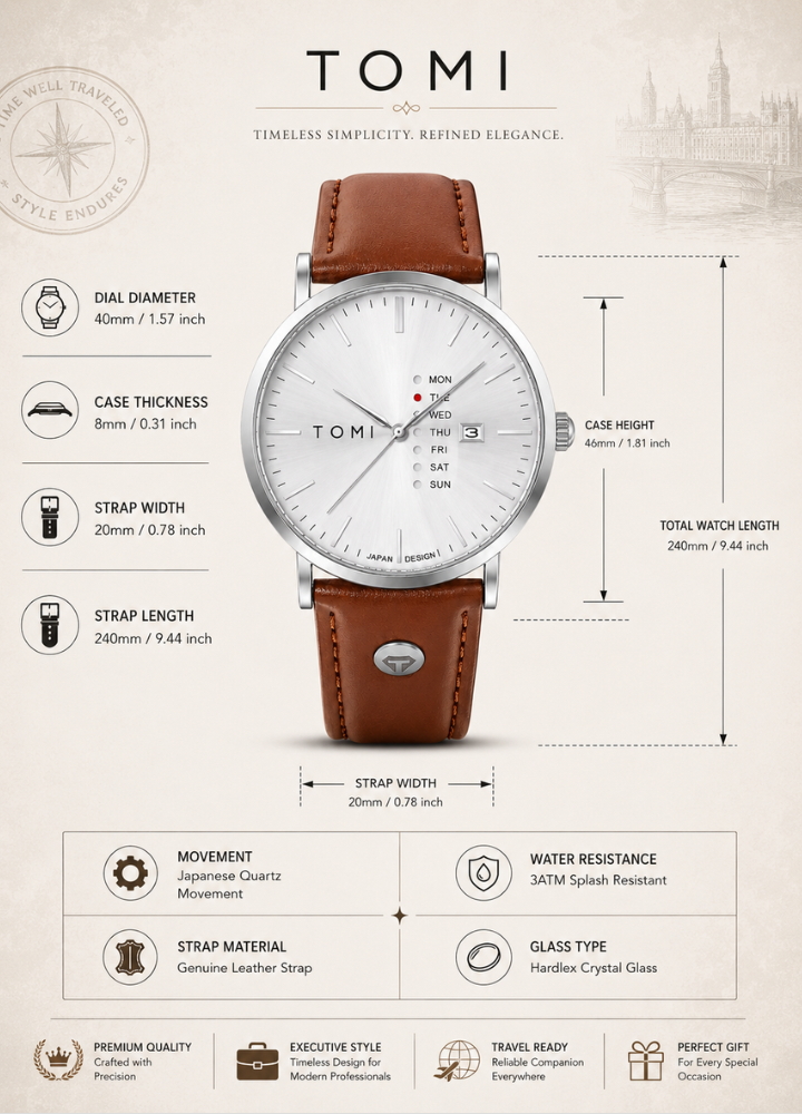 Tomi Executive Day Date Brown Leather Strap With White dial Men’s Watch TM-040