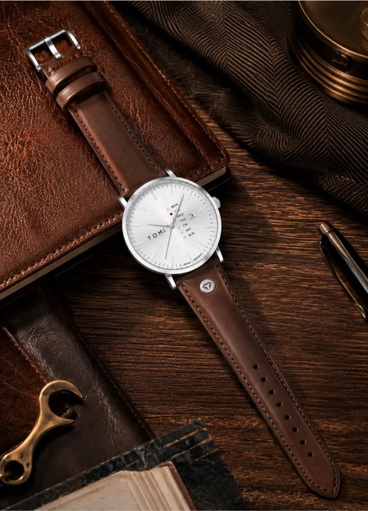 Tomi Executive Day Date Brown Leather Strap With White dial Men’s Watch TM-040