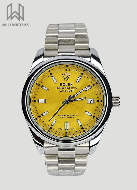 RLX Swiss-Made Perpetual Luxury Watch – Silver Case with a Vibrant Yellow Dial R-015