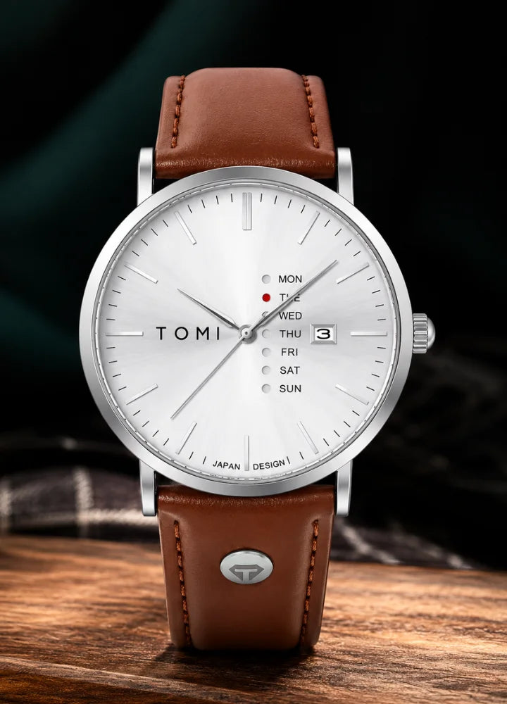 Tomi Executive Day Date Brown Leather Strap With White dial Men’s Watch TM-040