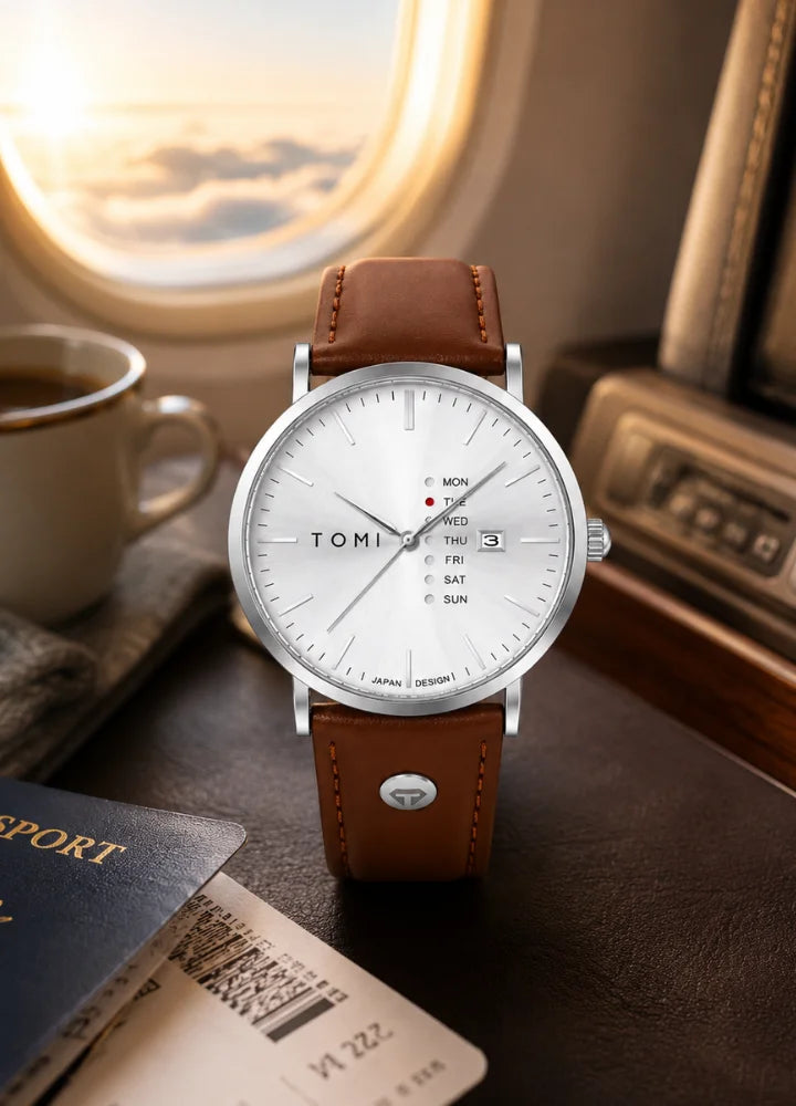 Tomi Executive Day Date Brown Leather Strap With White dial Men’s Watch TM-040