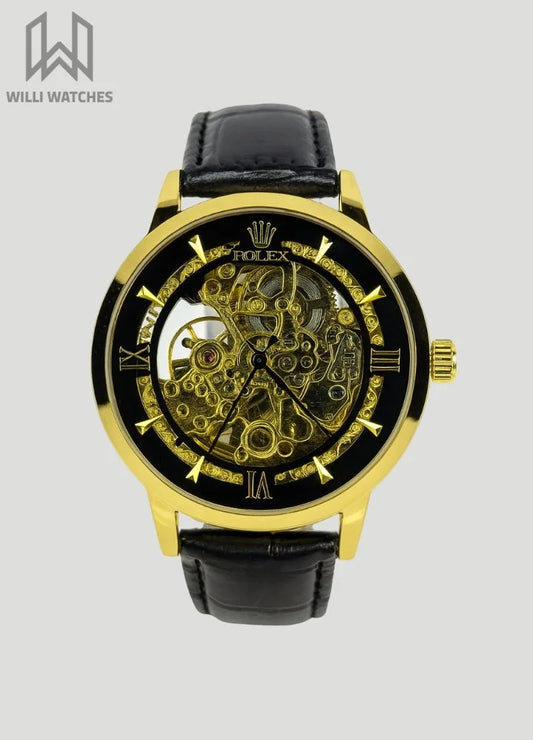 RLX Black & Gold Automatic Skeleton Leather Watch R-028