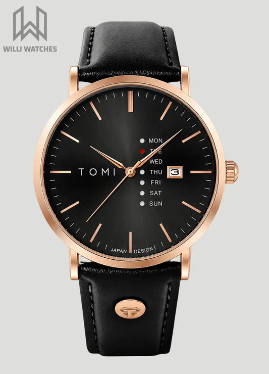 Tomi Executive Day Date Black & Golden Dial Watch TM-041