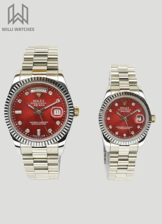 RLX Silver & Maroon Couple Watches R-022