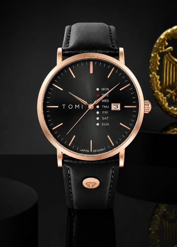 Tomi Executive Day Date Black & Golden Dial Watch TM-041