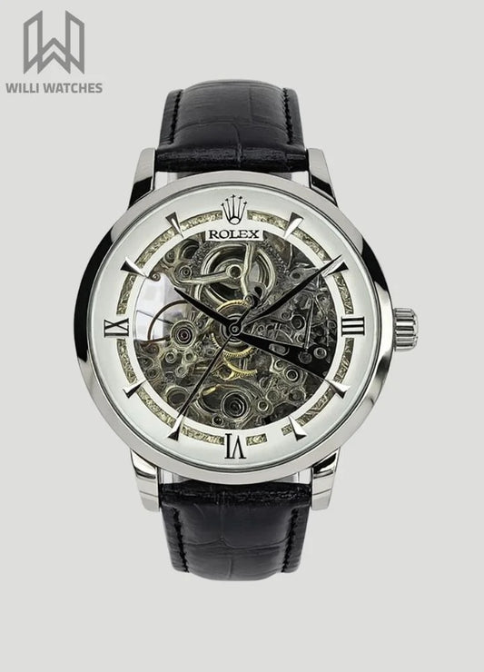 RLX silver & White Automatic Skeleton Black Leather Watch R-029