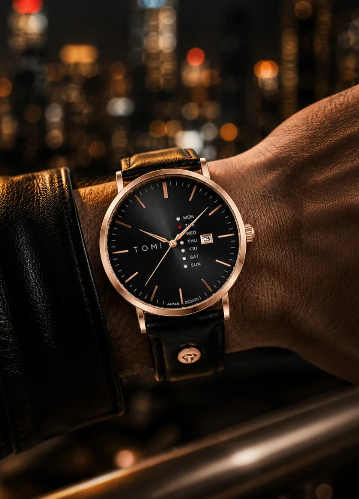 Tomi Executive Day Date Black & Golden Dial Watch TM-041