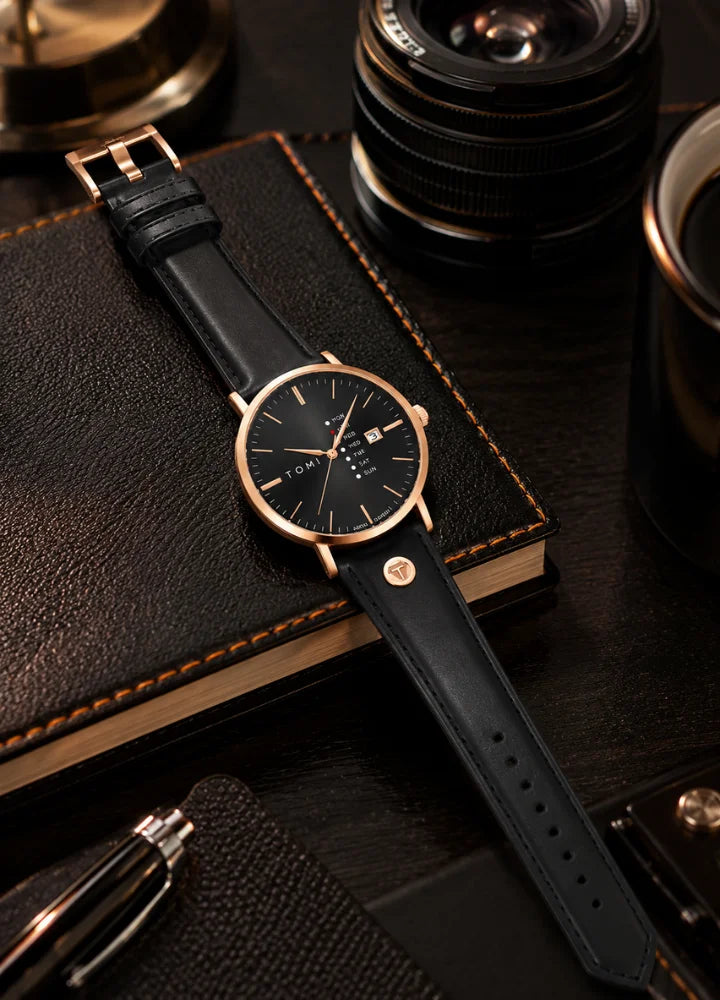 Tomi Executive Day Date Black & Golden Dial Watch TM-041