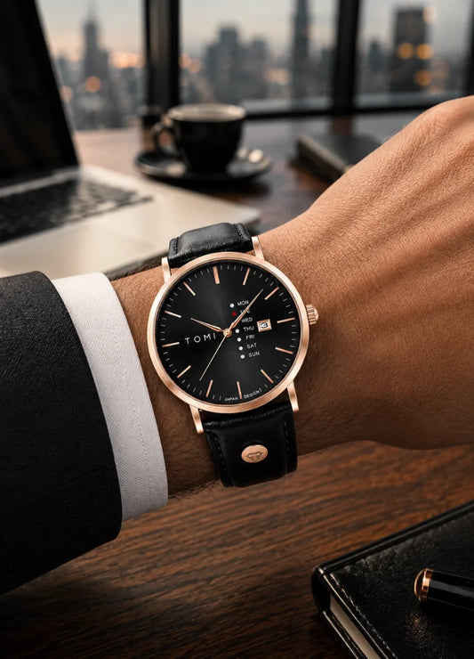 Tomi Executive Day Date Black & Golden Dial Watch TM-041