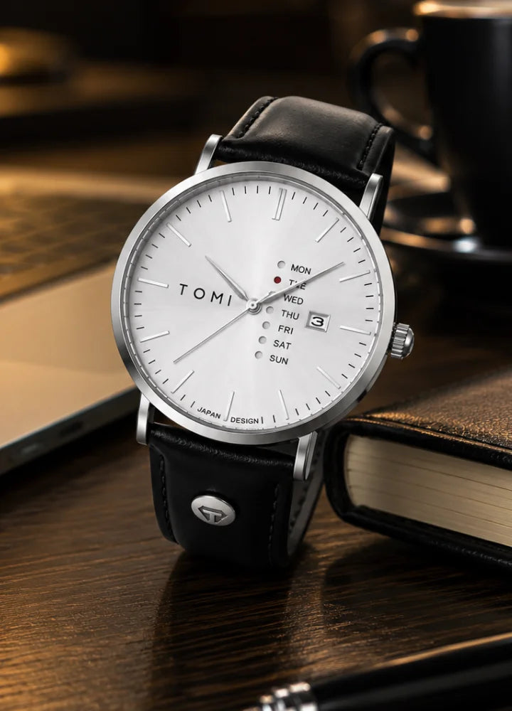 Tomi Executive Day Date White Dial Leather Strap Men’s Watch TM-036