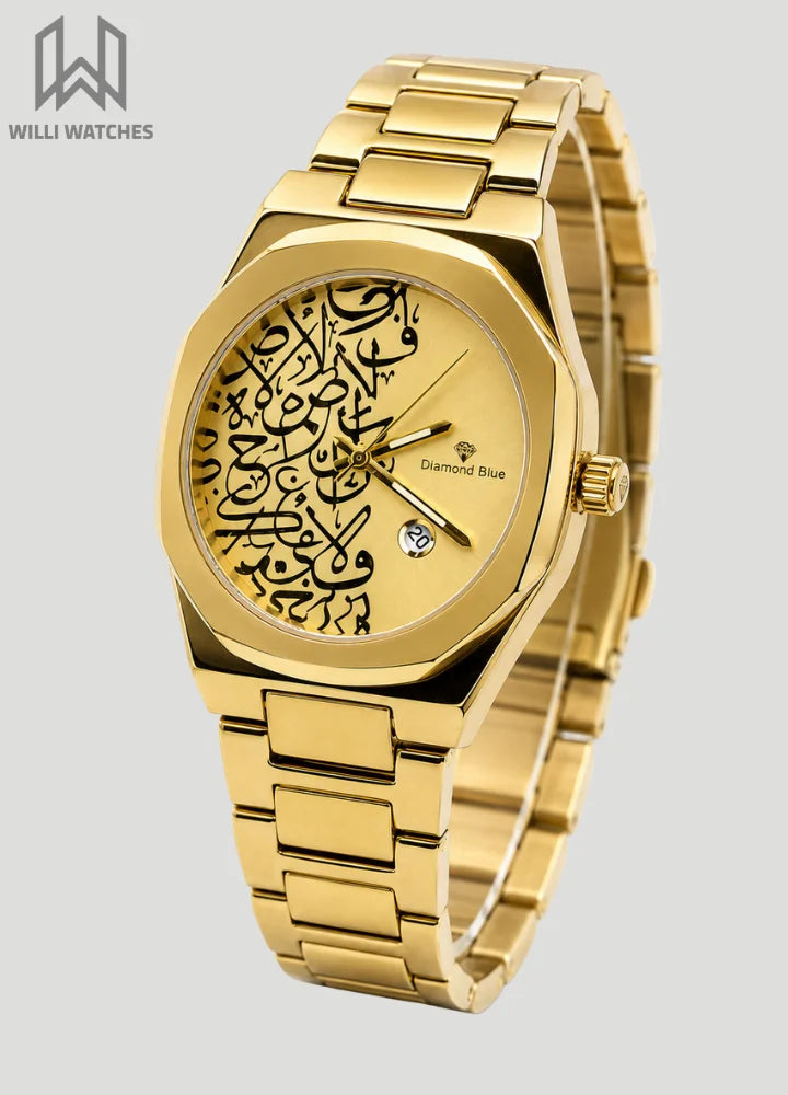 Diamond Blue Arabic Calligraphy Gold Dial Luxury Watch DI-001