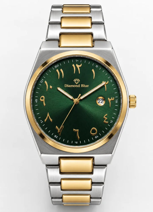 Diamond Blue Two-Tone Green Arabic Dial Date Watch DI-040