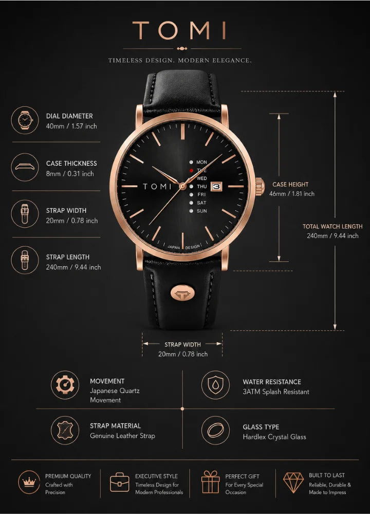Tomi Executive Day Date Black & Golden Dial Watch TM-041