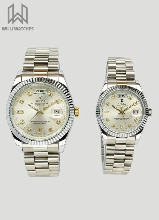 RLX Silver & White Couple Watches R-023