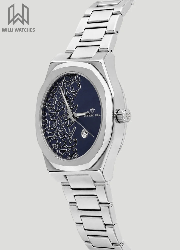 Elegant Silver With Blue Dial Arabic Calligraphy Luxury Wristwatch D-005