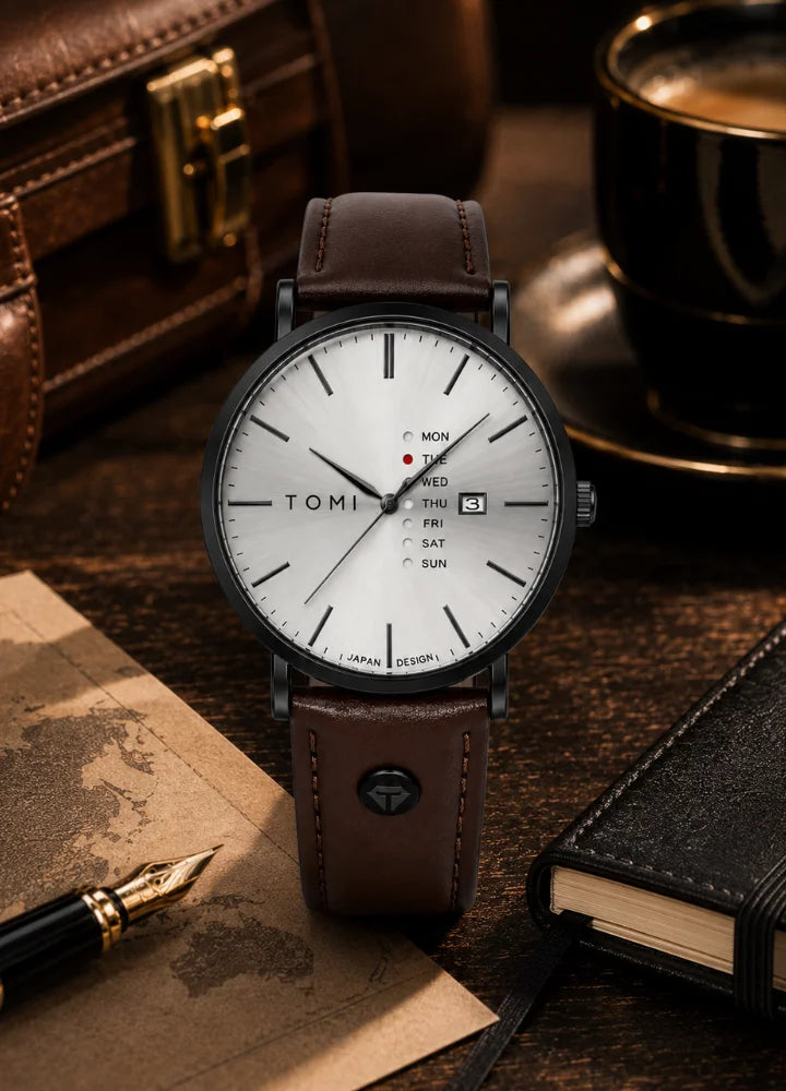 Tomi Executive Day Date Brown Leather Strap Men’s Watch TM-039