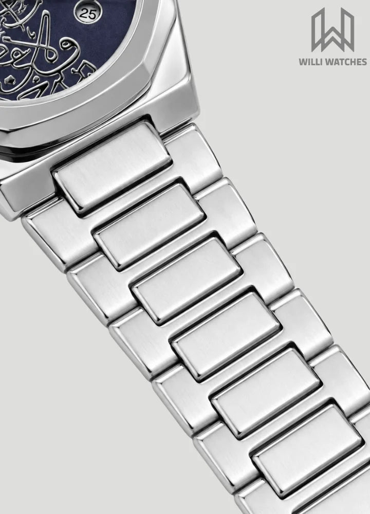 Elegant Silver With Blue Dial Arabic Calligraphy Luxury Wristwatch D-005