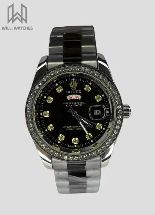 RLX Two Tone Black Watch with Black Dial & Diamonds , Day & Date R-032