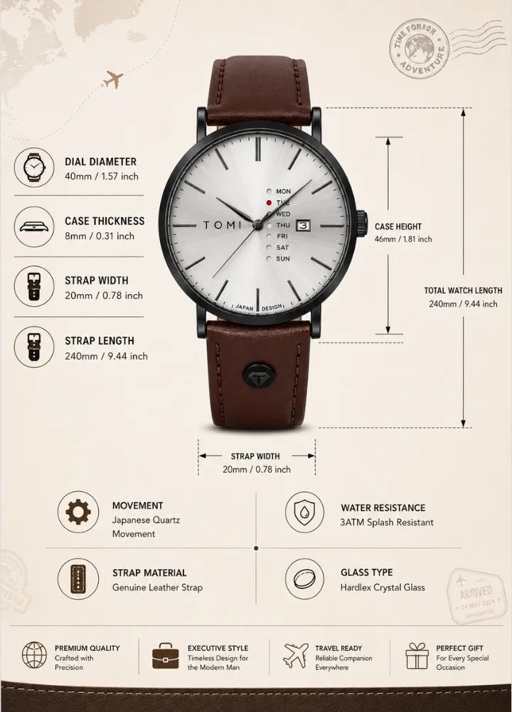 Tomi Executive Day Date Brown Leather Strap Men’s Watch TM-039