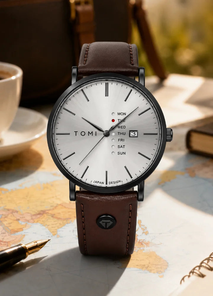Tomi Executive Day Date Brown Leather Strap Men’s Watch TM-039