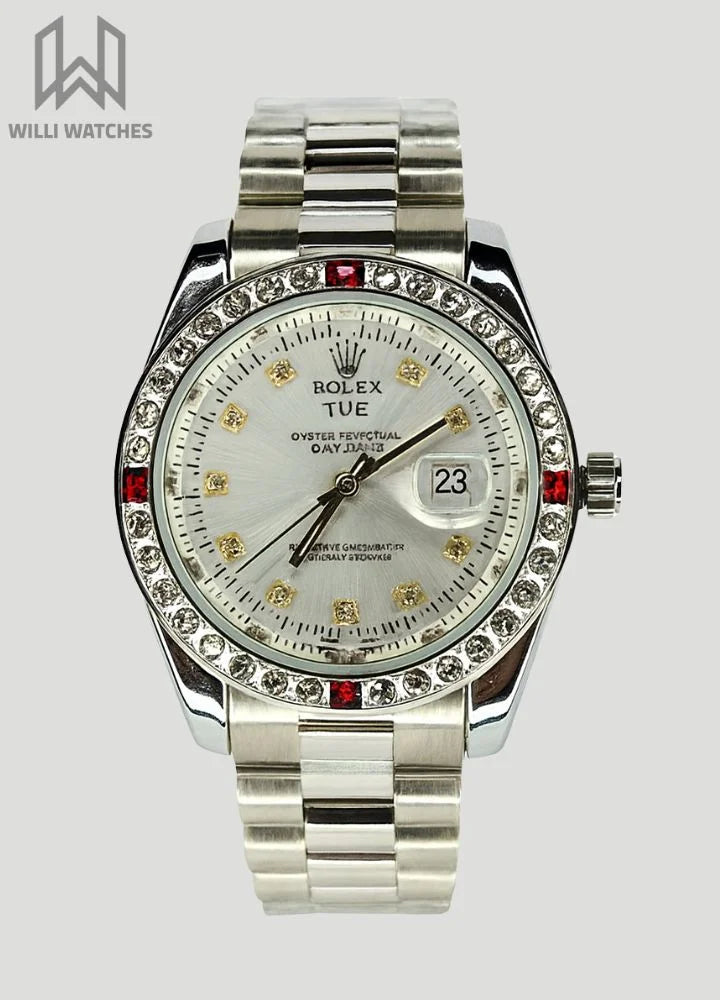 RLX Silver Watch with Day, Date & Diamonds R-021