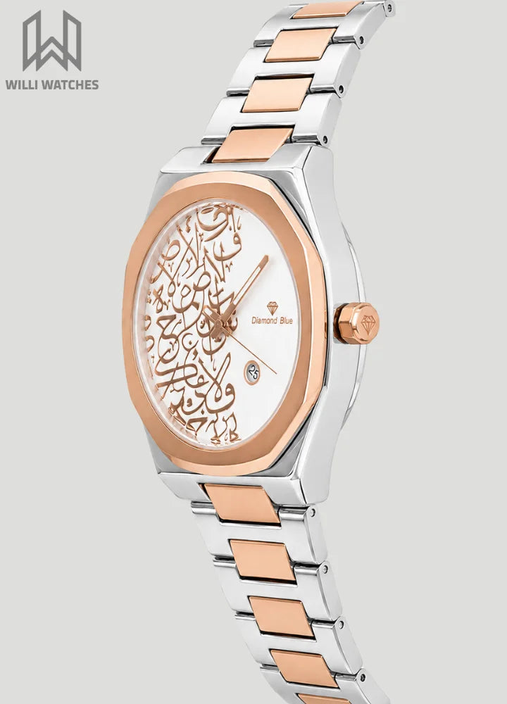 Diamond Blue Elegant Arabic Art Two-Tone Rose Gold Watch DI-012
