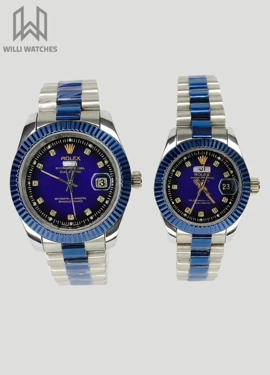 Couples’ Two-Tone Silver & Blue Day/Date Watches