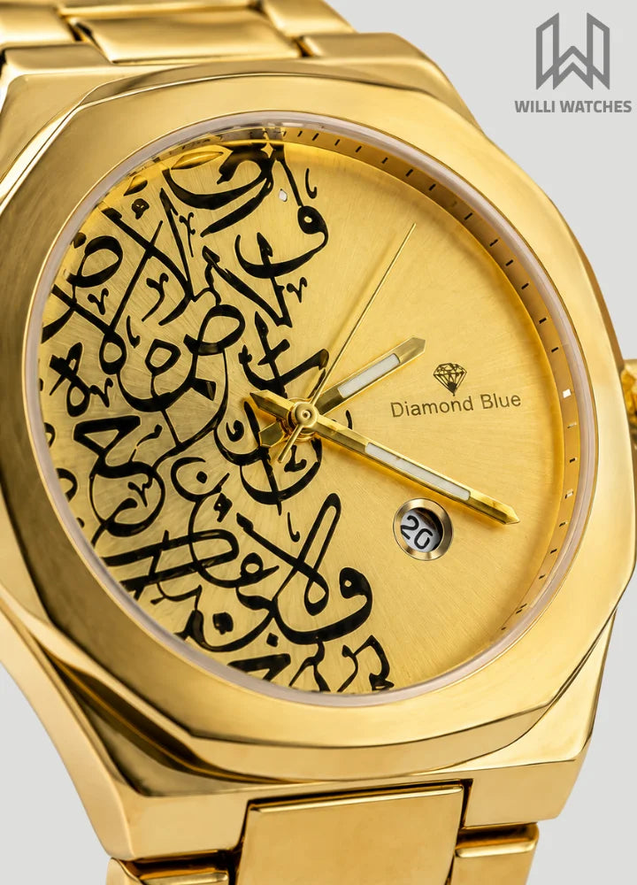 Diamond Blue Arabic Calligraphy Gold Dial Luxury Watch DI-001