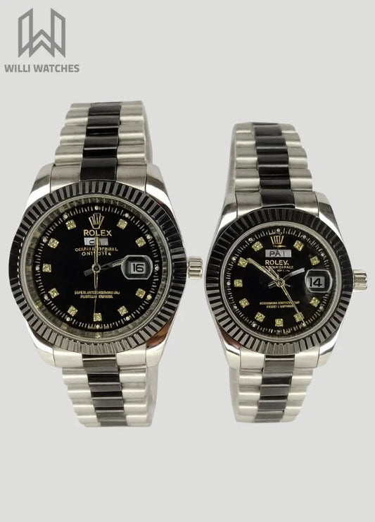 Couples’ Two-Tone Silver & Black Day/Date Watches