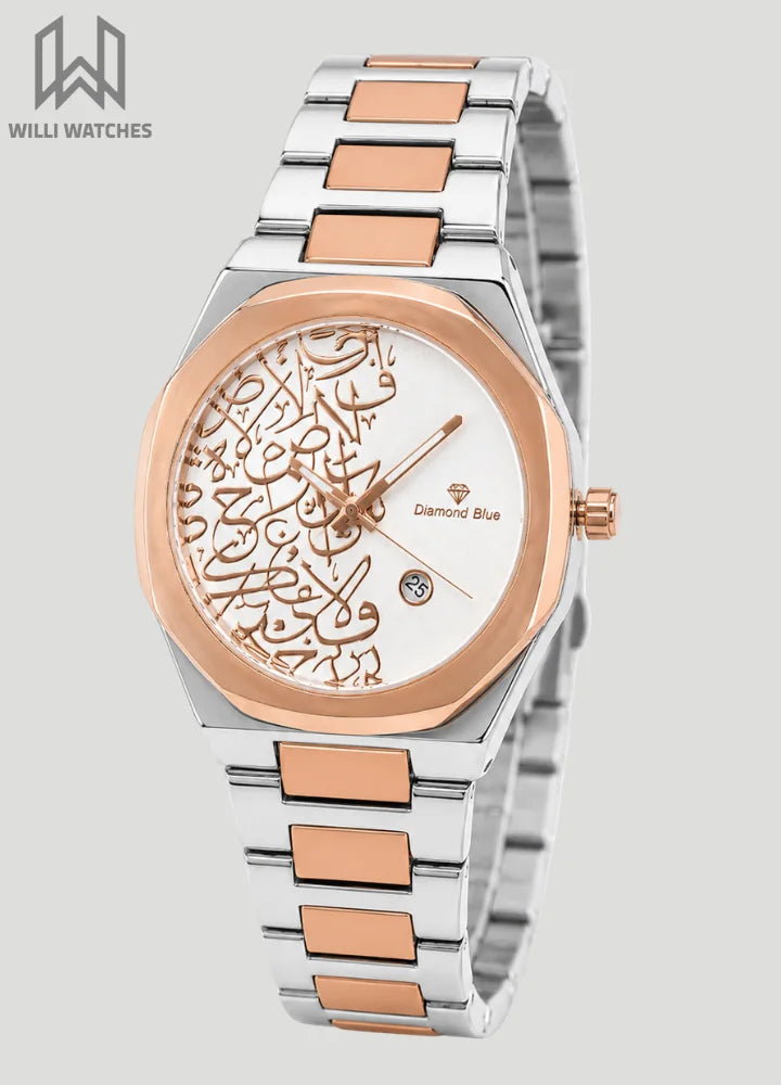 Diamond Blue Elegant Arabic Art Two-Tone Rose Gold Watch DI-012