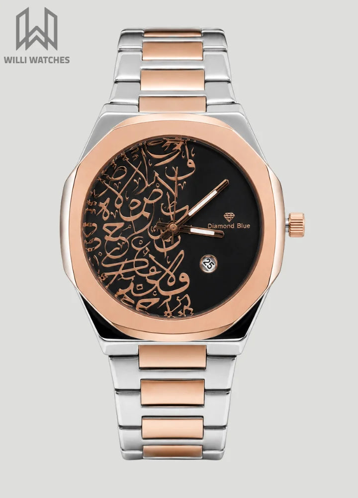 Diamond Blue Arabic Calligraphy Rose Gold Black Dial Watch DI-015