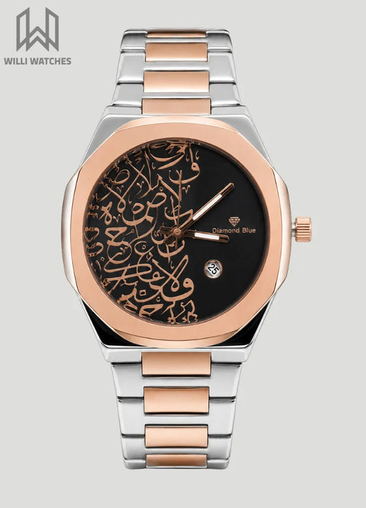 Diamond Blue Arabic Calligraphy Rose Gold Black Dial Watch DI-015