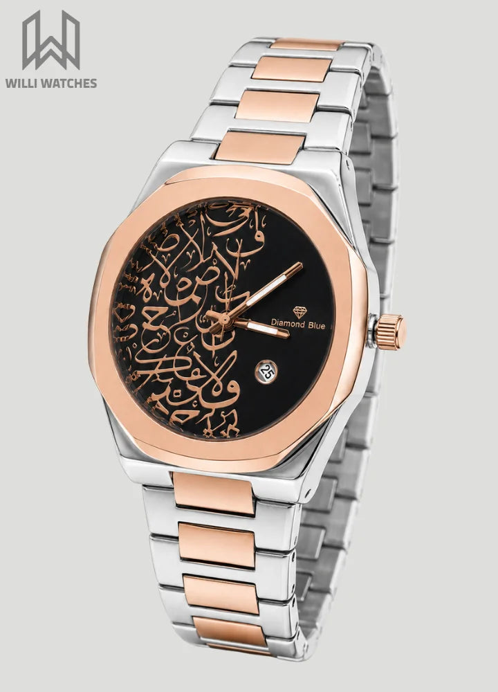 Diamond Blue Arabic Calligraphy Rose Gold Black Dial Watch DI-015