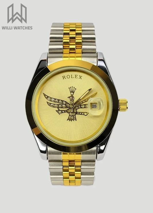 RLX Two-Tone Watch with Falcon Gold Dial and Date Display R-031