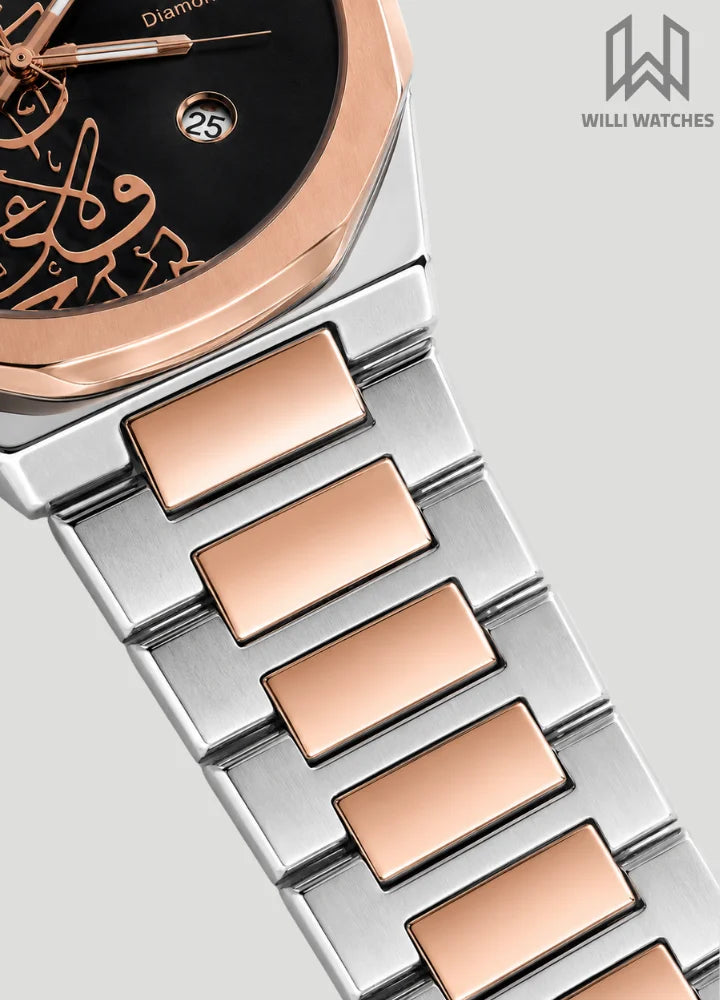 Diamond Blue Arabic Calligraphy Rose Gold Black Dial Watch DI-015