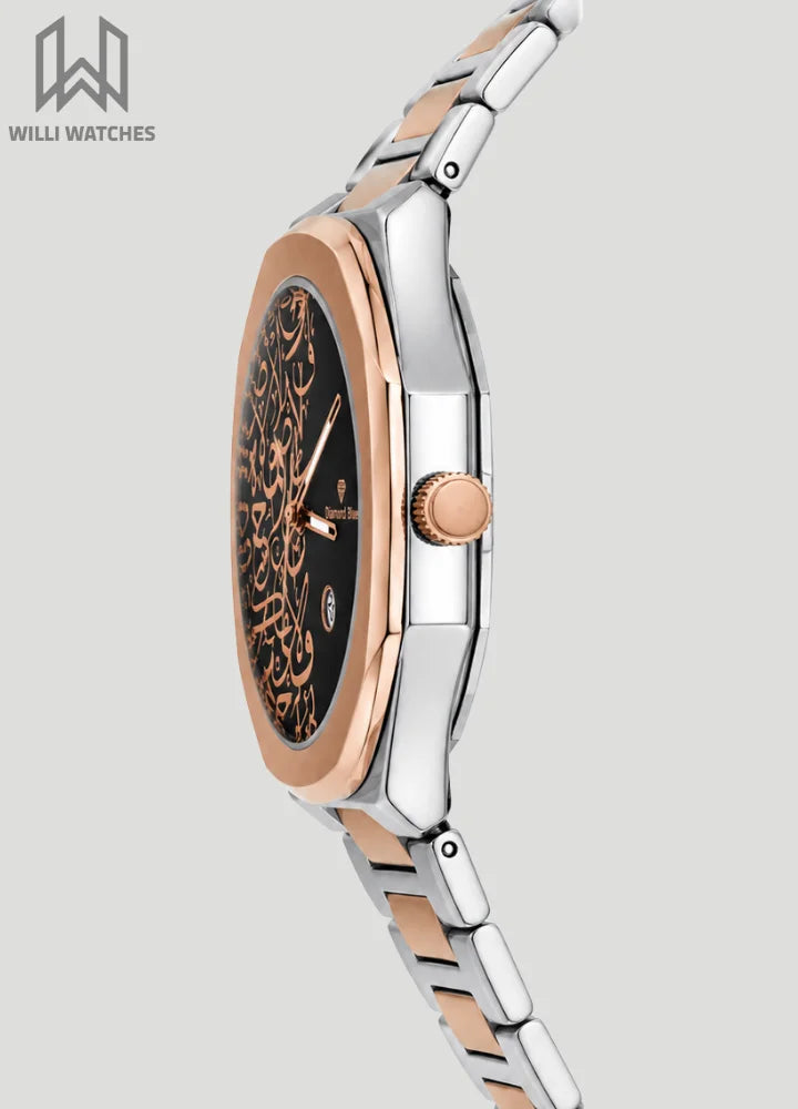 Diamond Blue Arabic Calligraphy Rose Gold Black Dial Watch DI-015